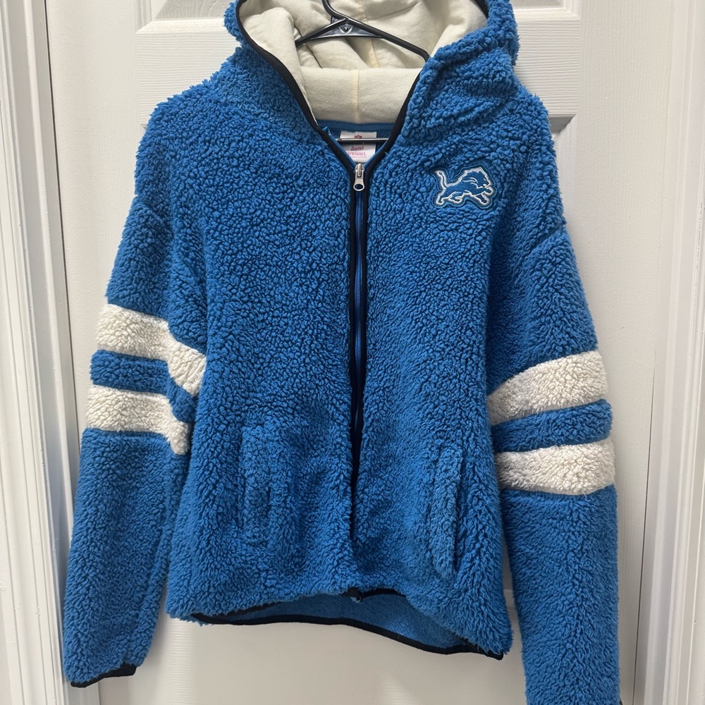 NFL teens Large 11/13 Detroit Lions Blue Sherpa Fuzzy Zip Up Jacket